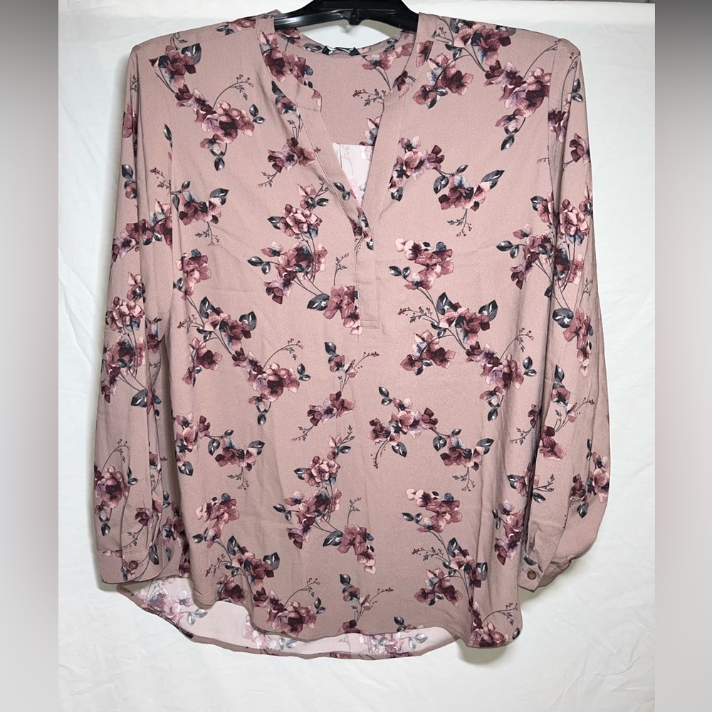 NWT HILARY RADLEY Dusty Rose Pink Floral V-Neck Long Sleeve Blouse Women's XL
